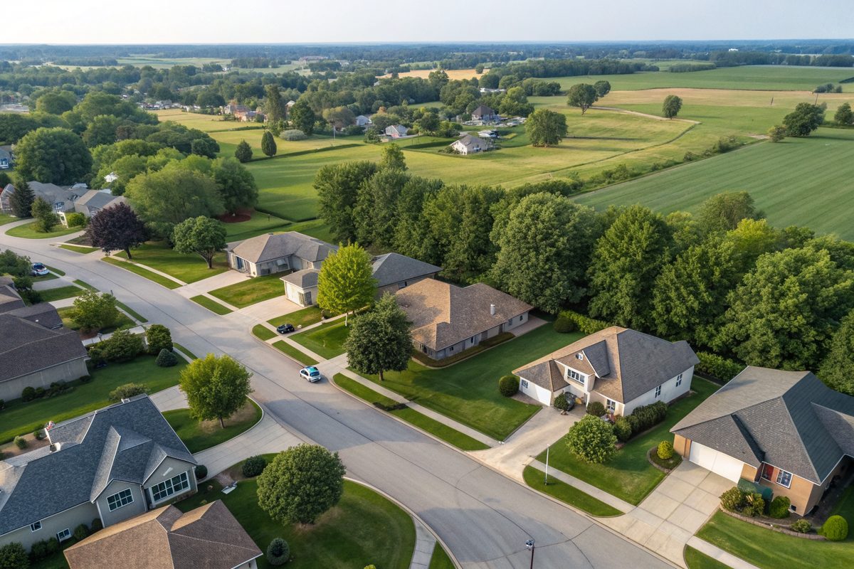 Aerial view of a suburban neighborhood of shingle roofs and shade trees with farmland beyond
