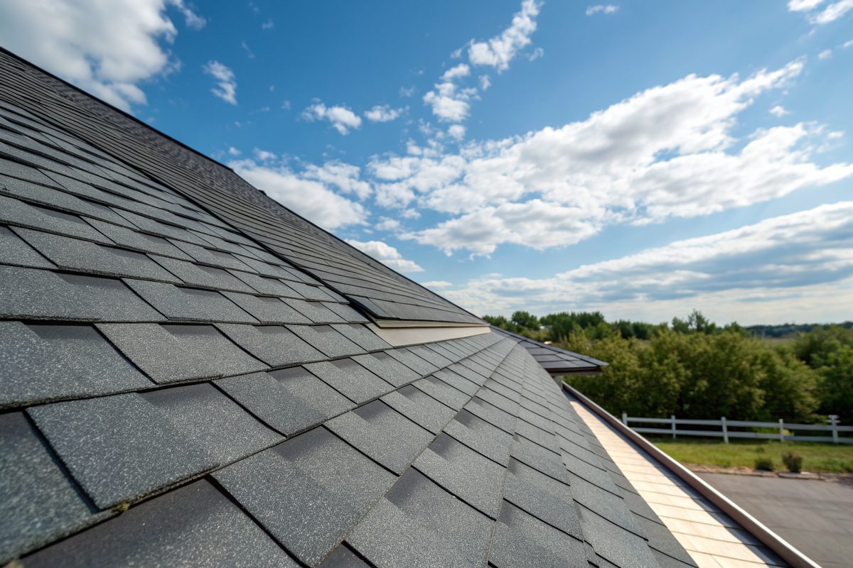 Close view of new dark gray architectural shingles along a clean ridge line
