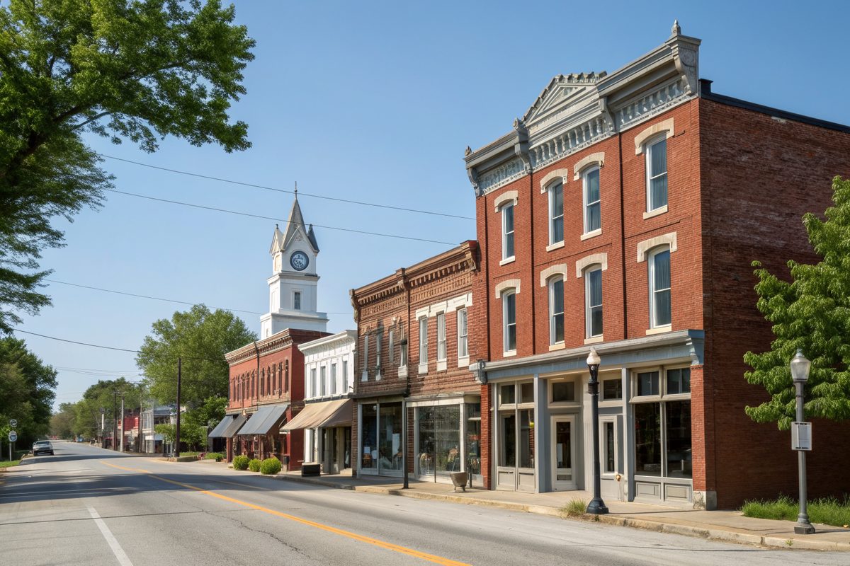 A small-town main street of 1800s brick commercial buildings with a clock-tower courthouse beyond