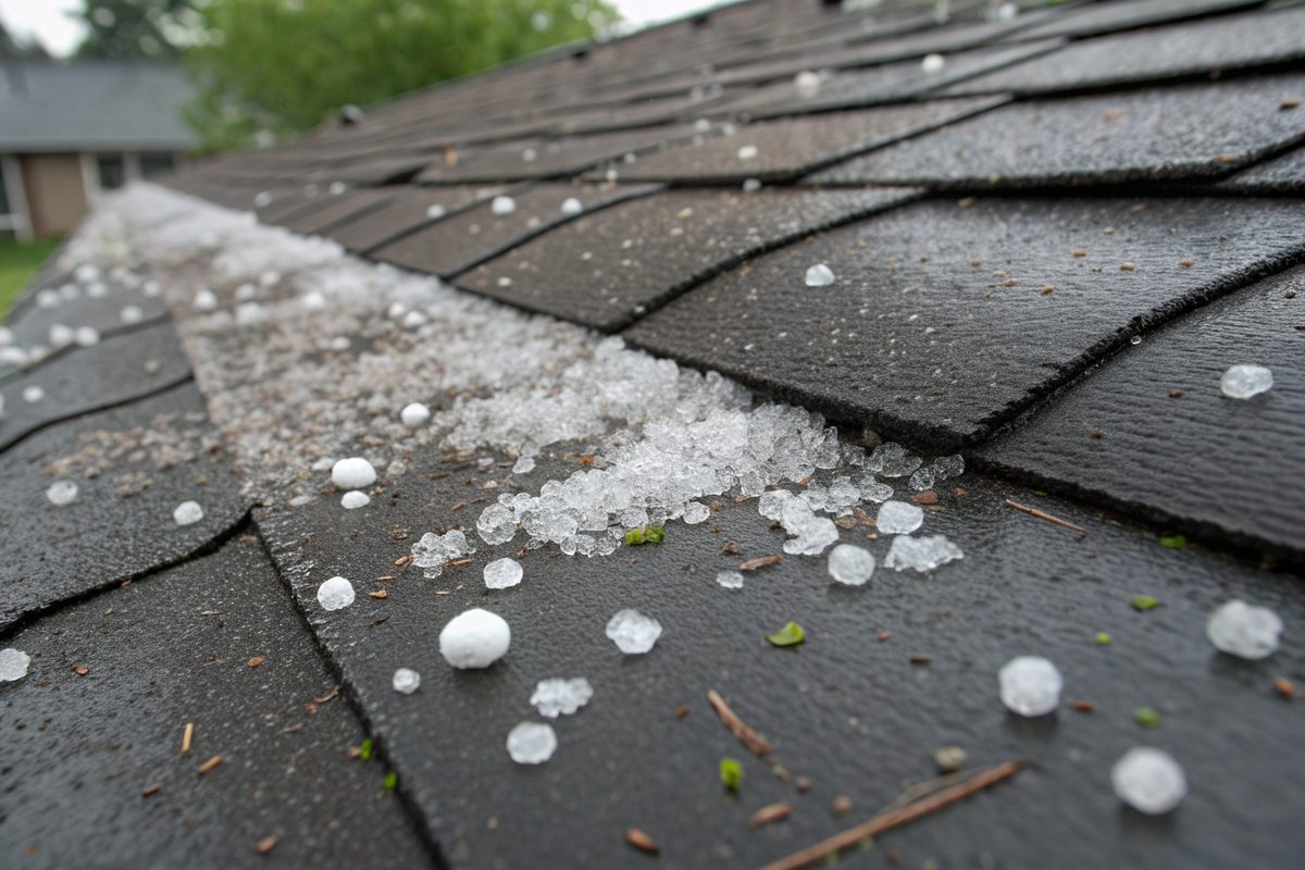 Hailstones and loose granules on dark asphalt shingles after a spring storm