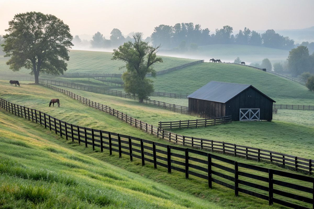 A black plank fence running over rolling green pasture with horses and a black barn in morning mist