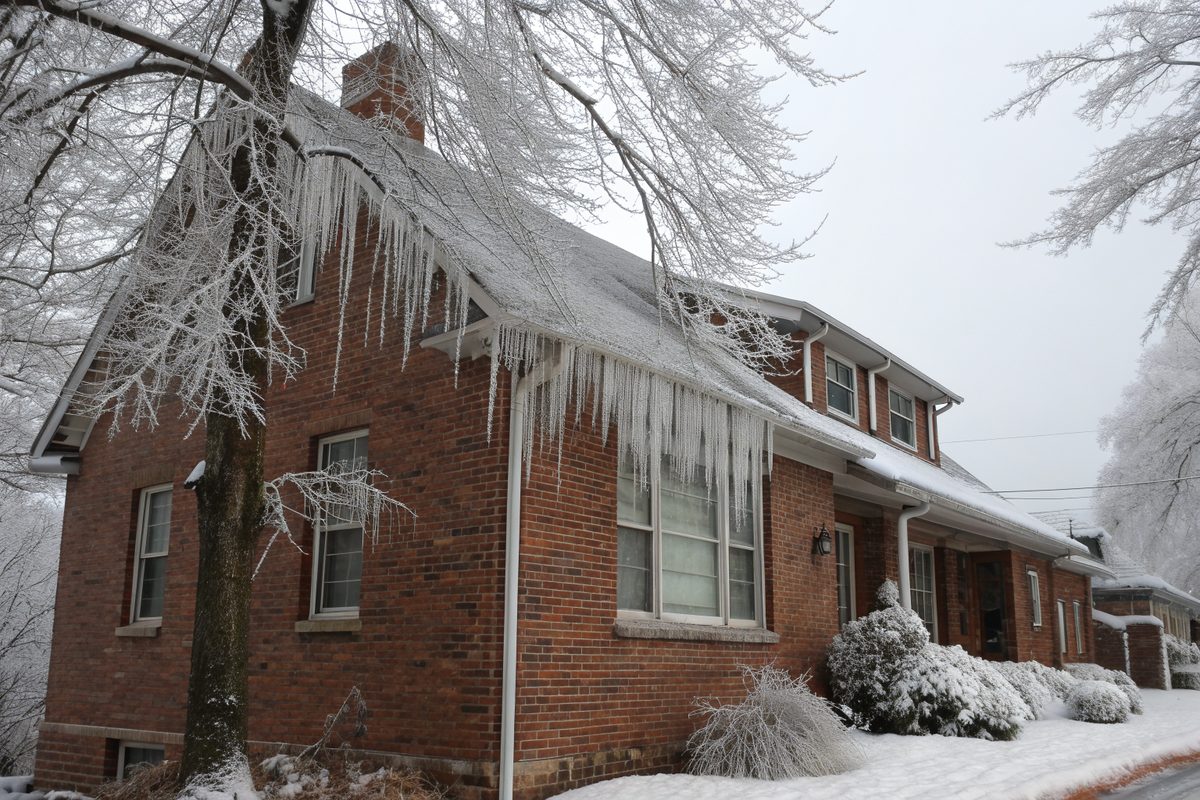 Thick ice and icicles coating the gutters and roof edge of a brick house after an ice storm