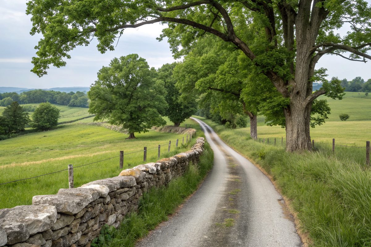 A country road lined by an old dry-laid limestone rock fence and big trees in horse country