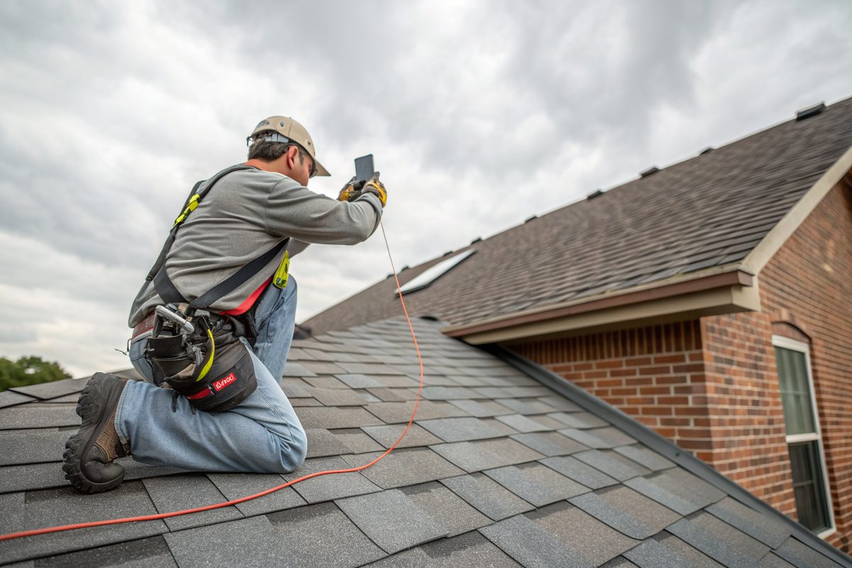 A roofer in a safety harness kneeling on a shingle roof and photographing the shingles
