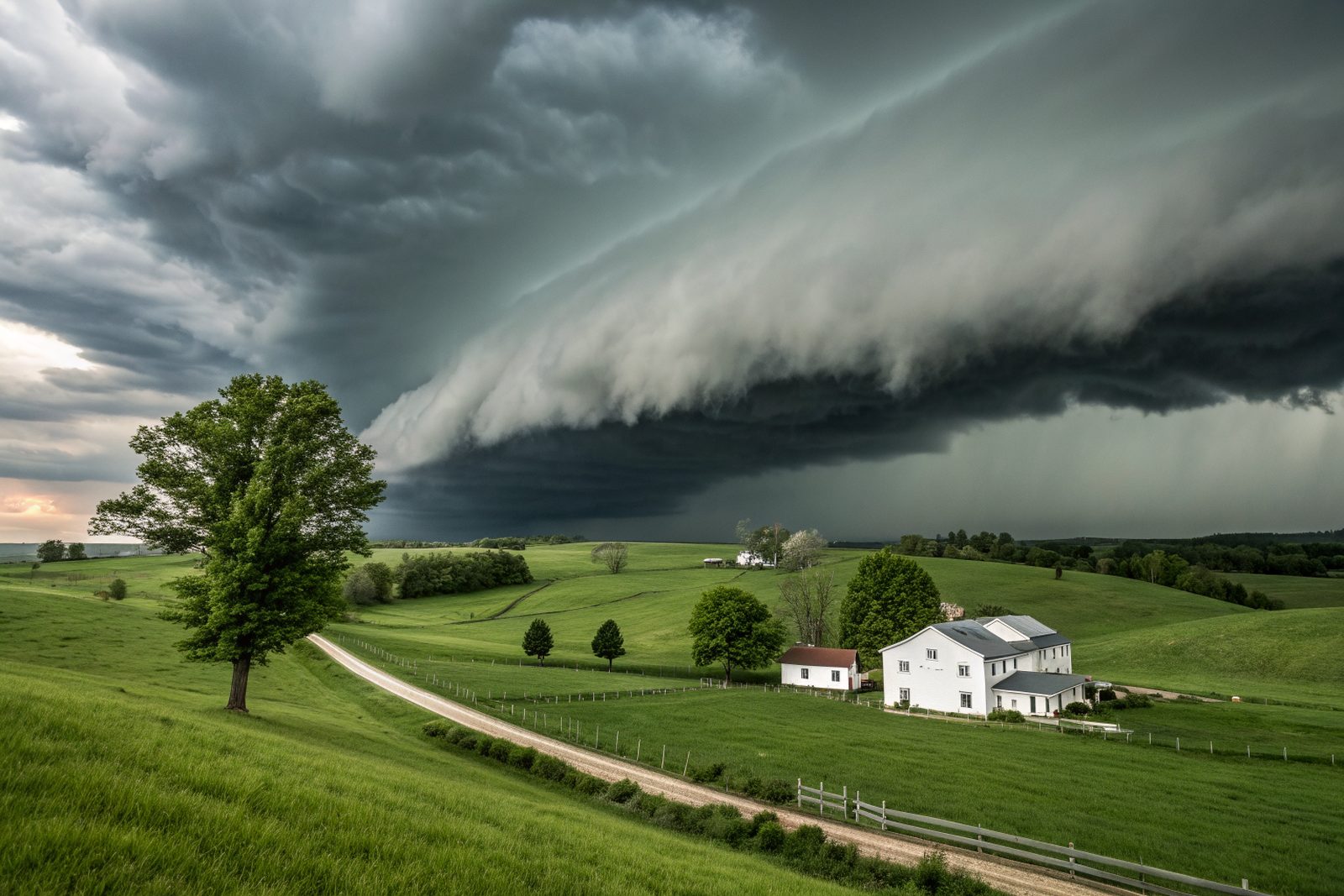 A dark shelf cloud sweeping over rolling farmland with a white farmhouse and barn