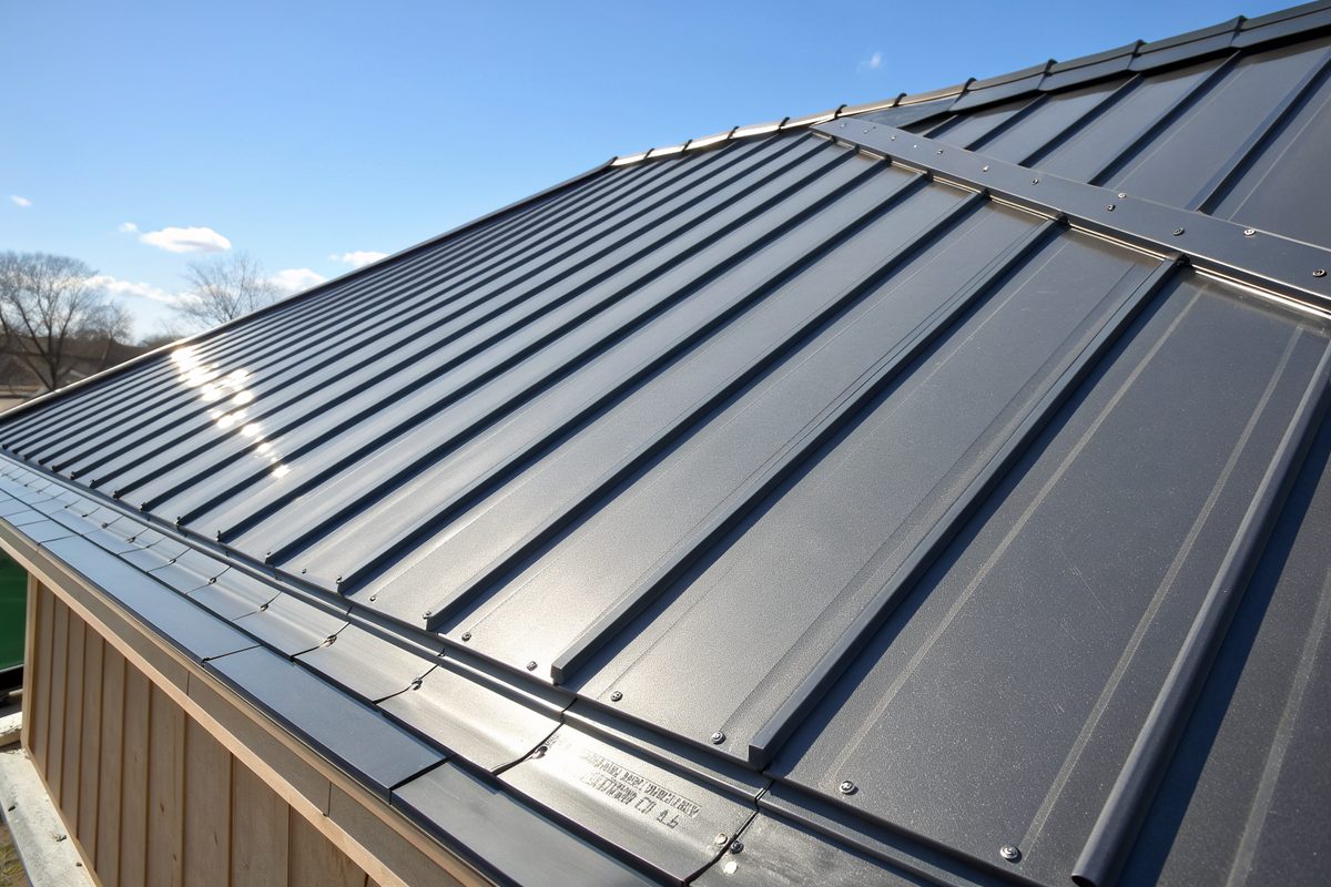 Close view of dark gray standing-seam metal roof panels in sunlight