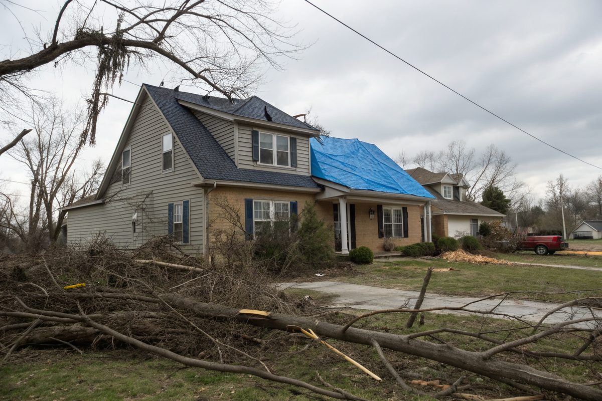 A two-story house with a blue tarp over part of its shingle roof and broken branches in the yard