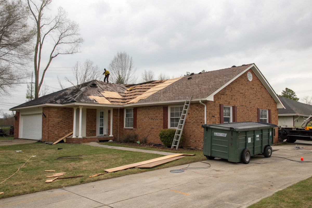 A brick ranch house mid re-roof with half its shingles stripped to the decking and a dumpster in the drive