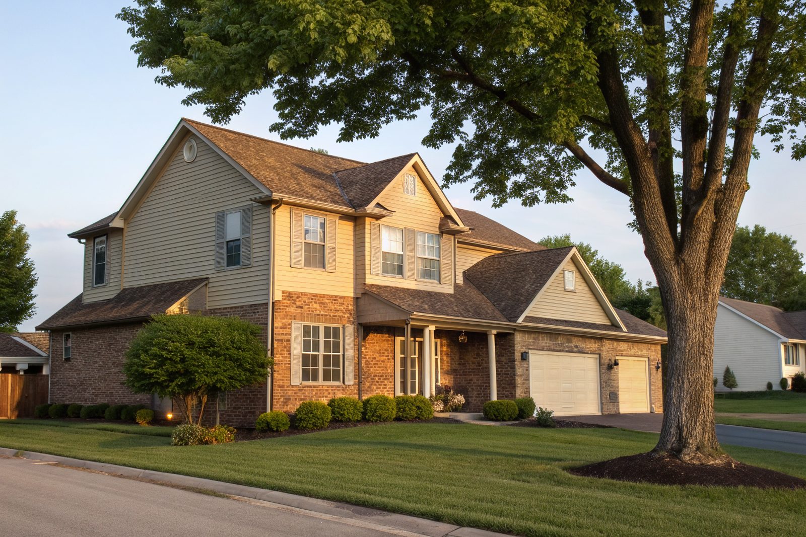 A two-story suburban home with a weathered brown shingle roof and a large maple