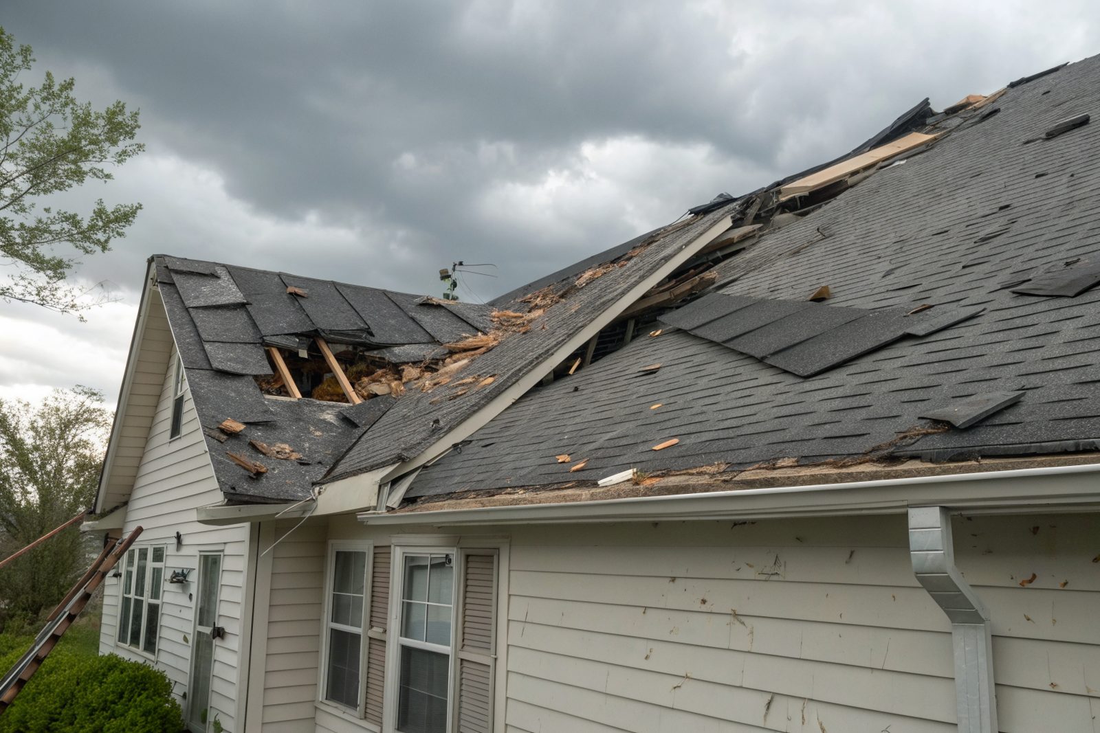 Wind-torn and creased asphalt shingles with exposed underlayment under a gray sky
